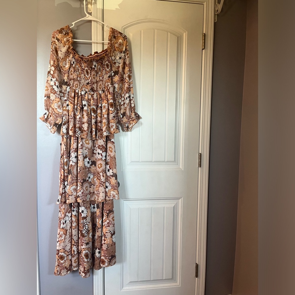 Porch Swing Kisses Brown Smocked Bust Floral Maxi Dress